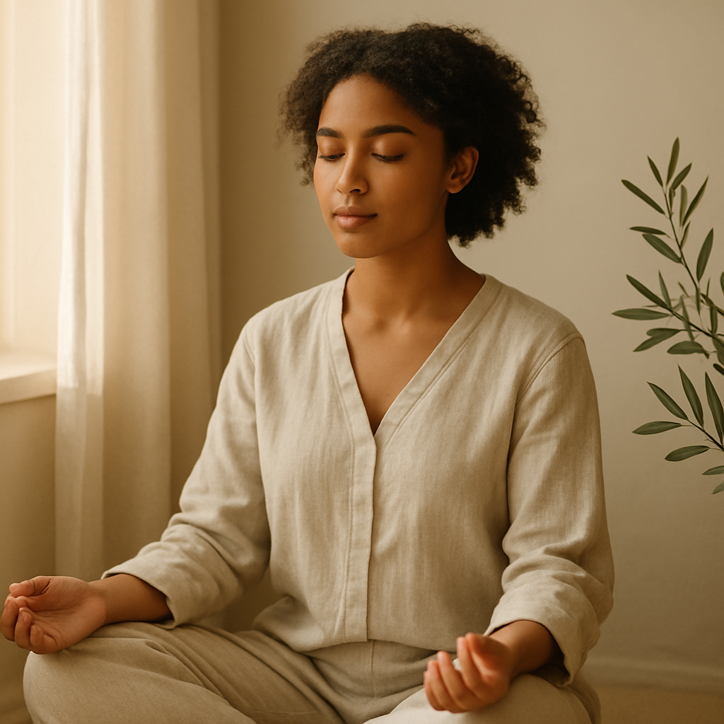 A person meditating peacefully in soft morning light