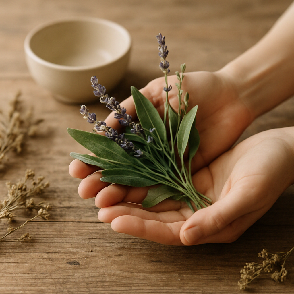 Hands holding fresh herbs and lavender over a wooden table