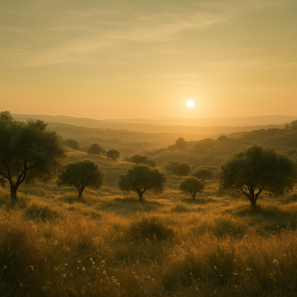 Peaceful landscape at golden hour with a setting sun