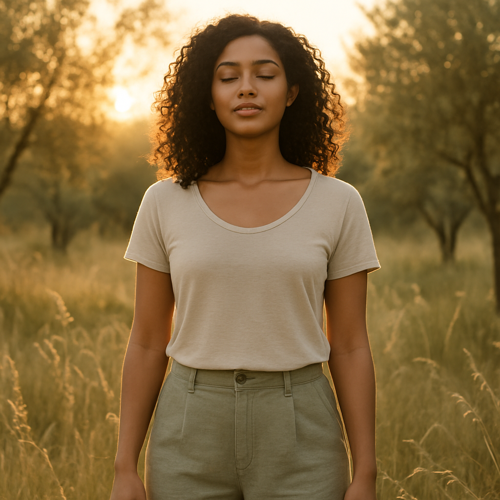 A person standing peacefully outdoors at golden hour