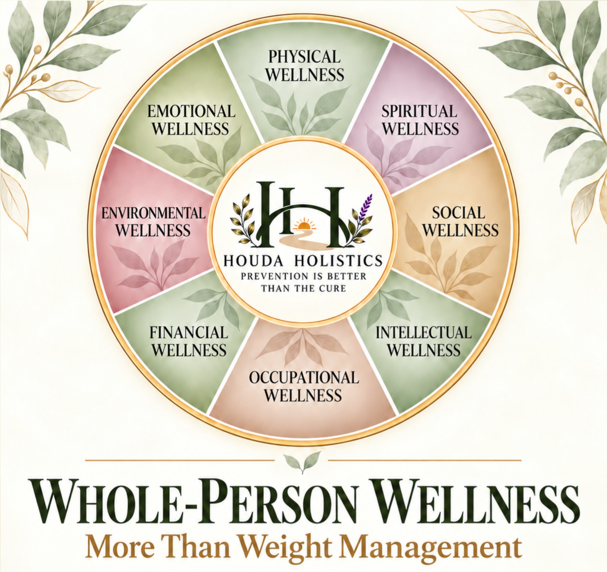 Houda Holistics whole-person wellness wheel with eight dimensions of wellness